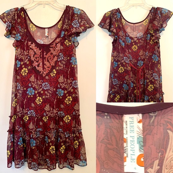Free People Dresses & Skirts - Free People Sheer Tunic Dress Floral 4 Small Flutter sleeve Festival Feminine